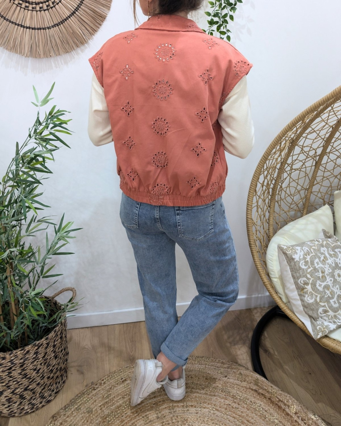 Chemise coton femme sans manches ajourée terracotta Gia