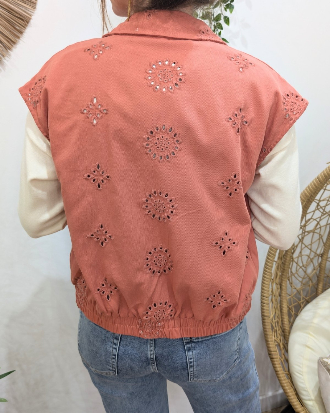 Chemise coton femme sans manches ajourée terracotta Gia