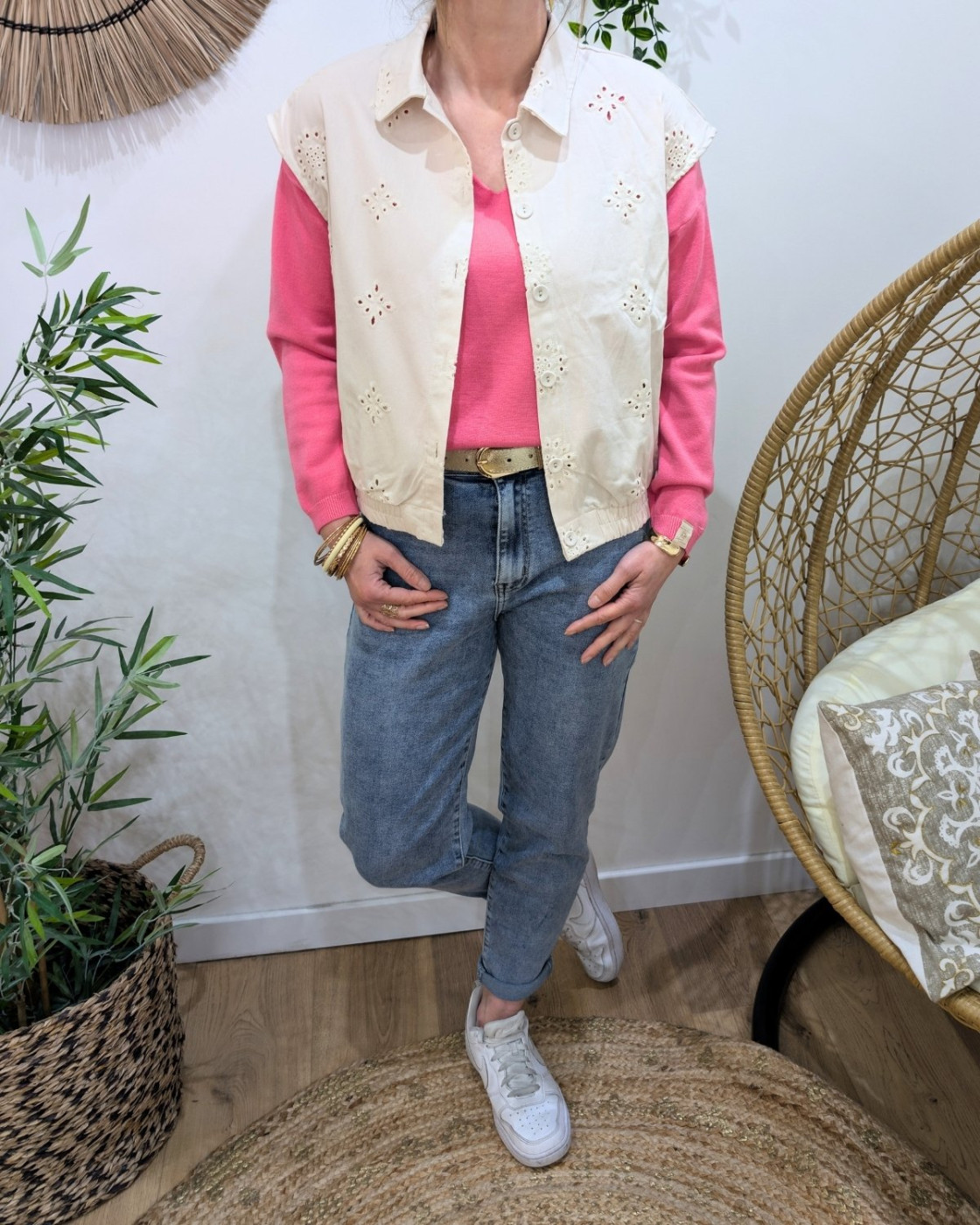 Chemise coton femme sans manches ajourée beige Gia