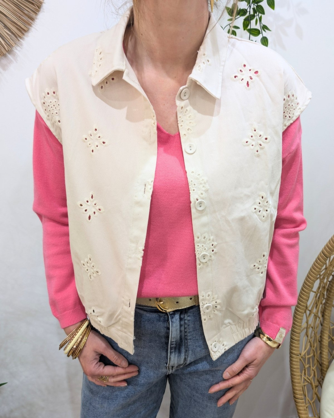 Chemise coton femme sans manches ajourée beige Gia