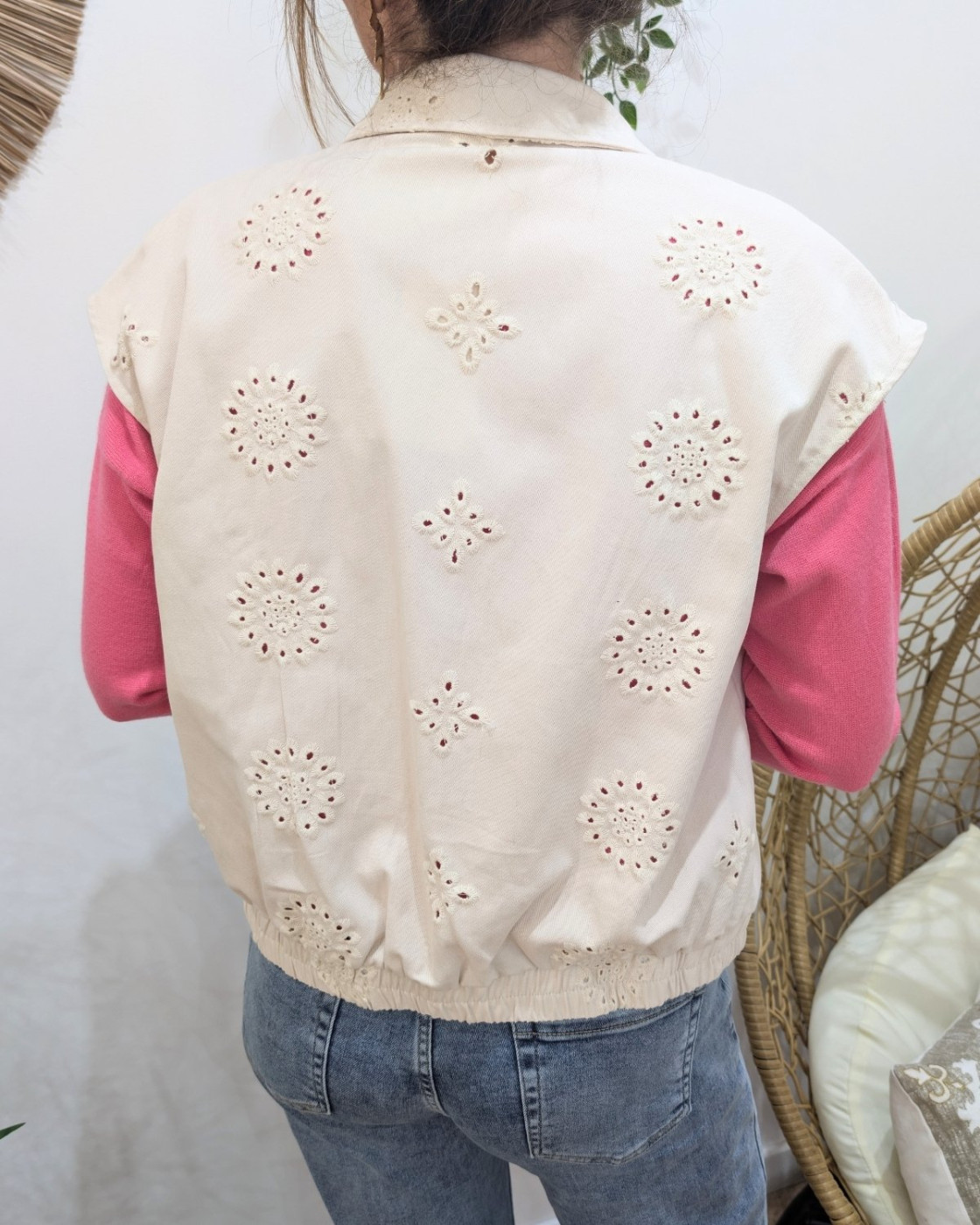 Chemise coton femme sans manches ajourée beige Gia