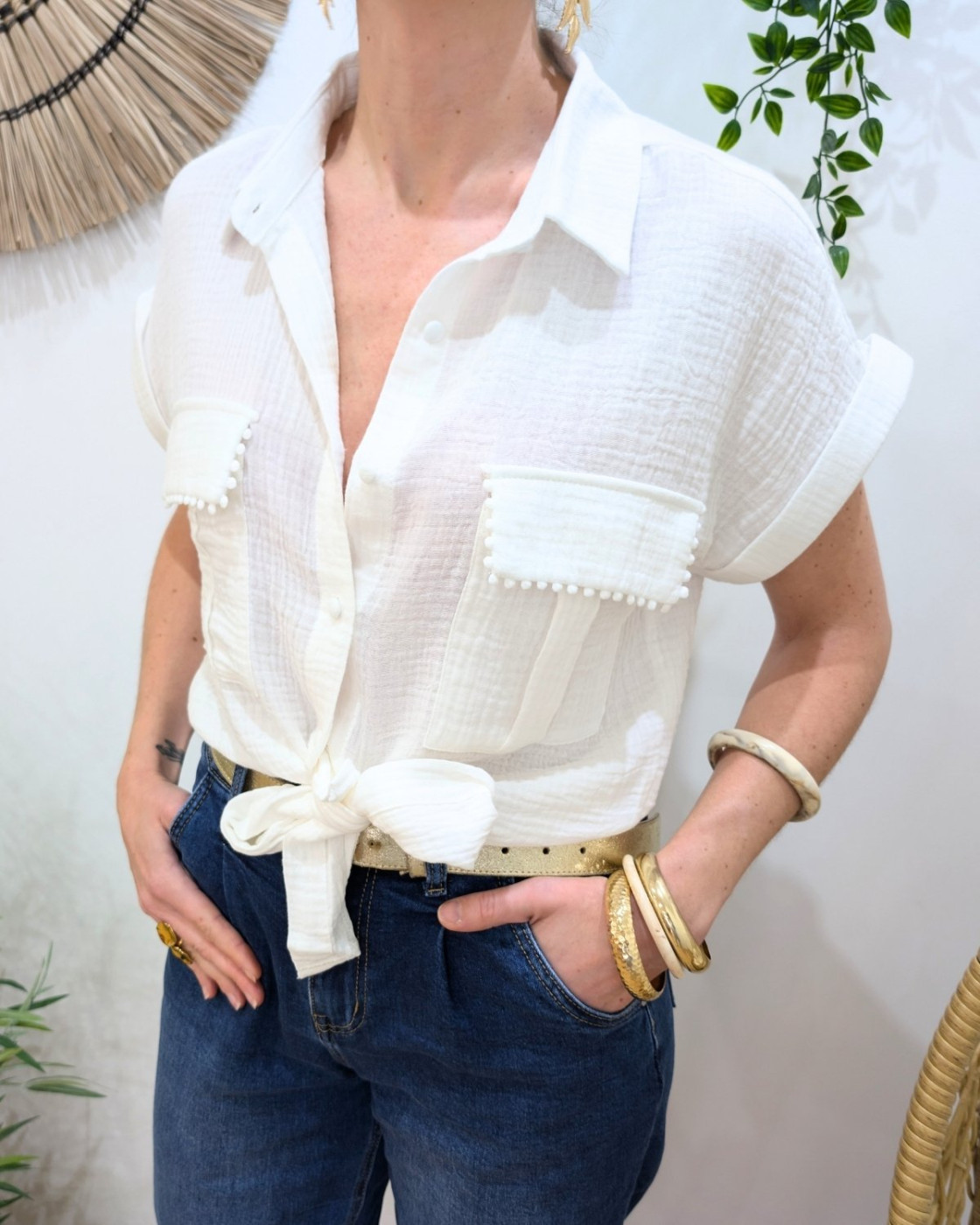 Chemisier femme écru manches courtes en gaze de coton Soren