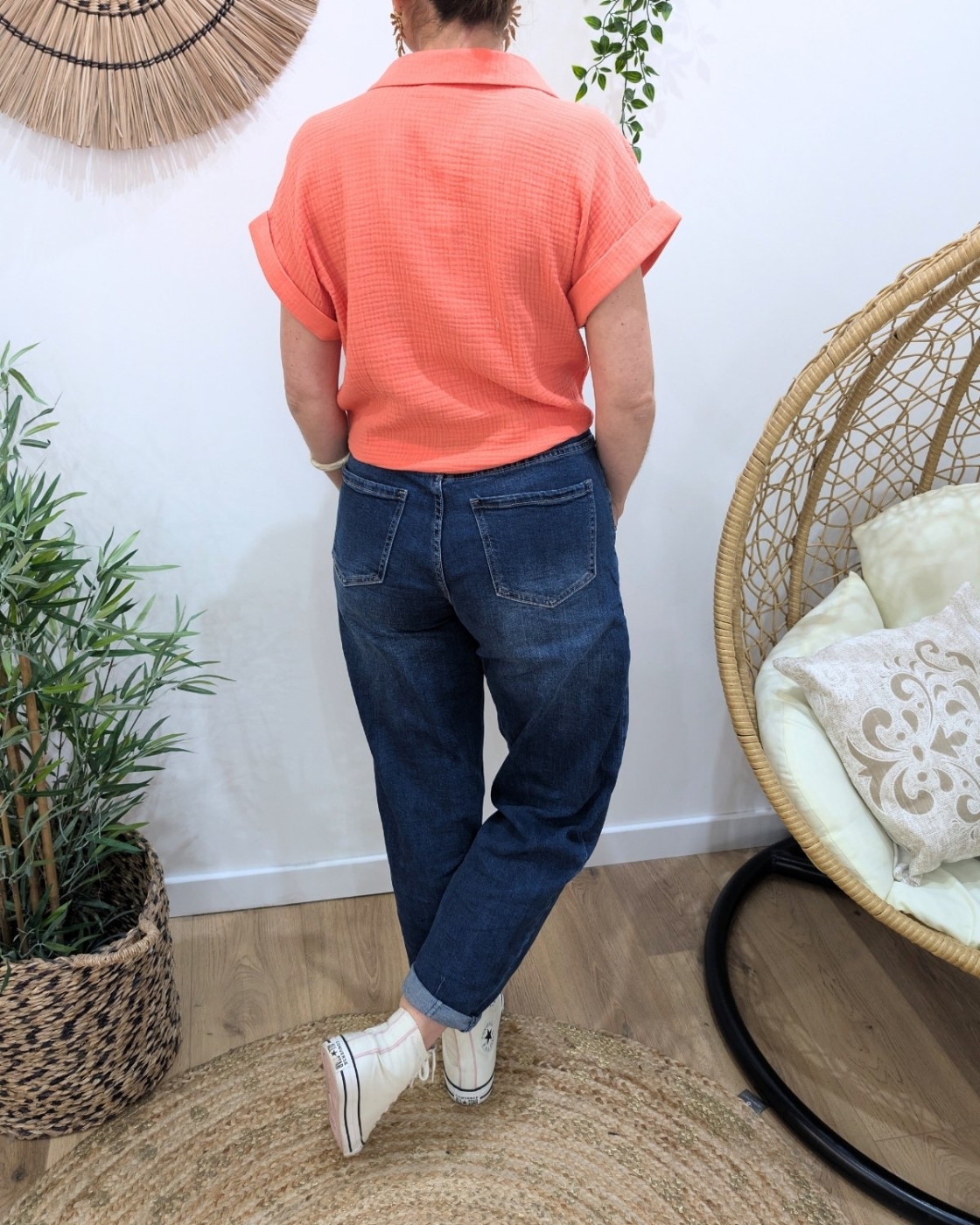 Chemisier femme corail manches courtes en gaze de coton Soren