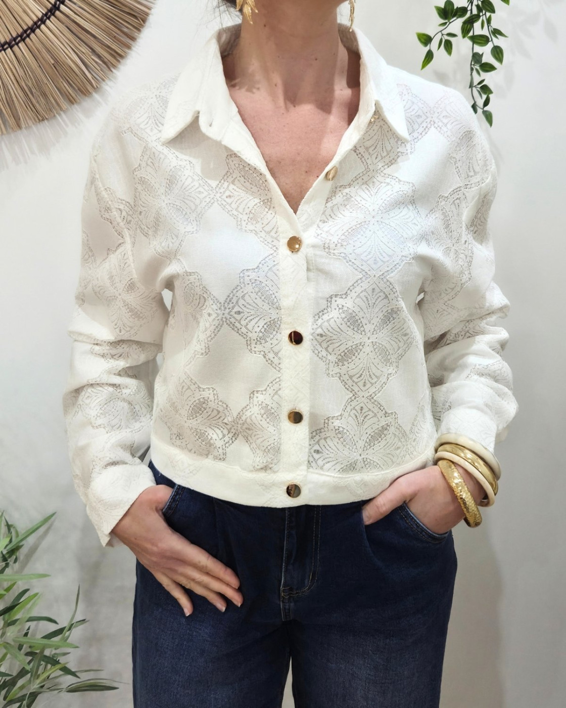 Chemisier court femme écrue dentelle
