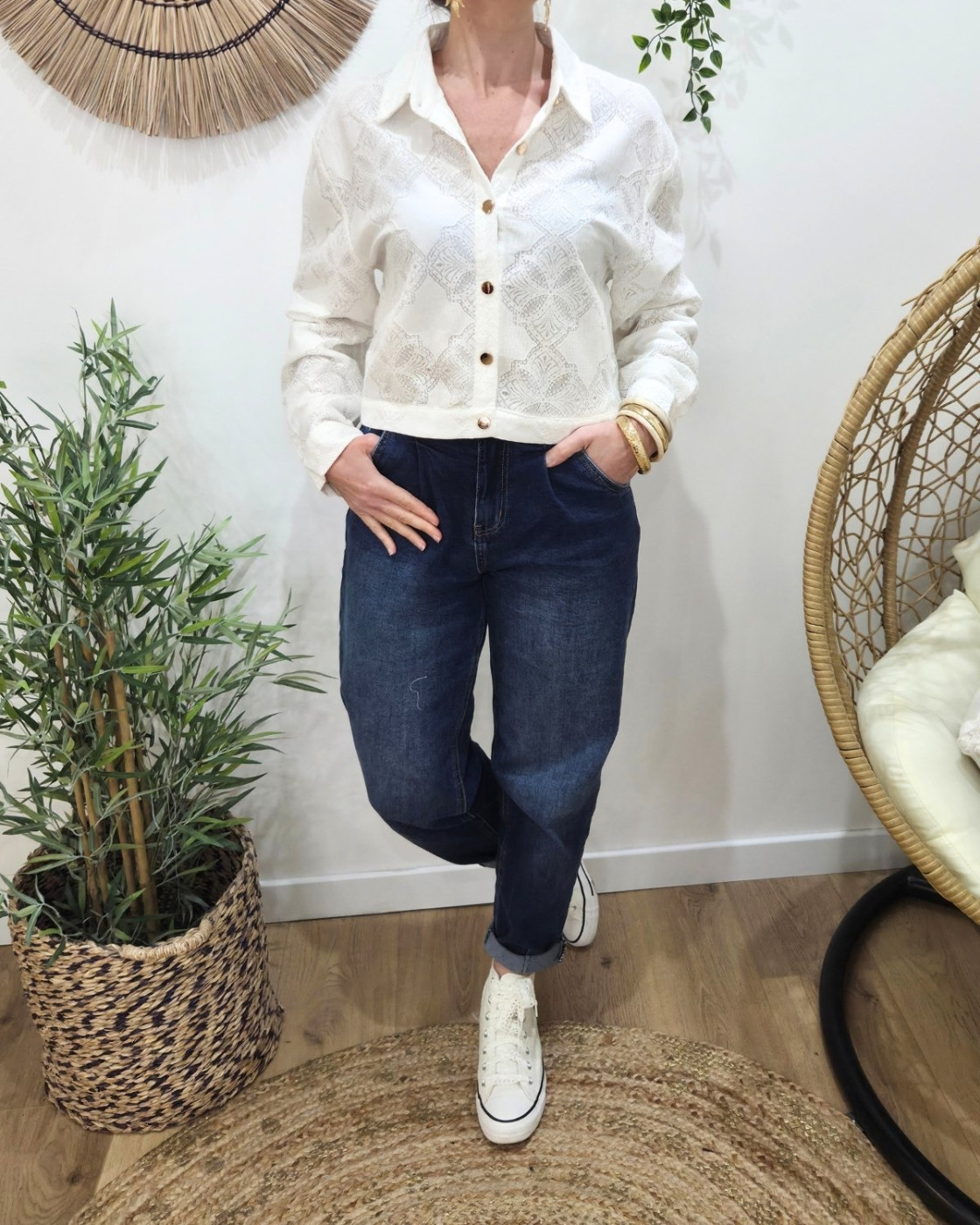 Chemisier court femme écrue dentelle