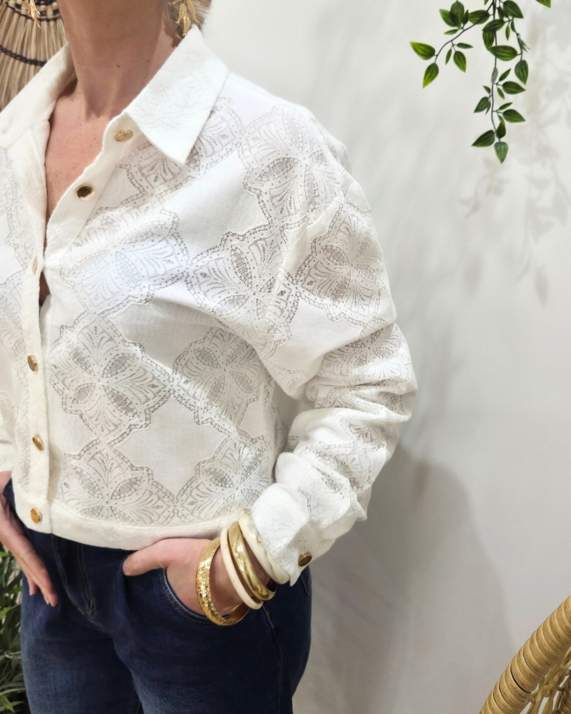 Chemisier court femme écrue dentelle