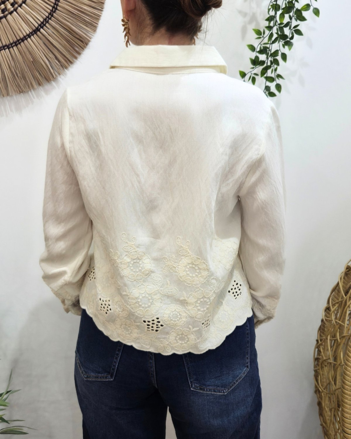 Chemisier femme écru broderies fleuries beiges Soliane