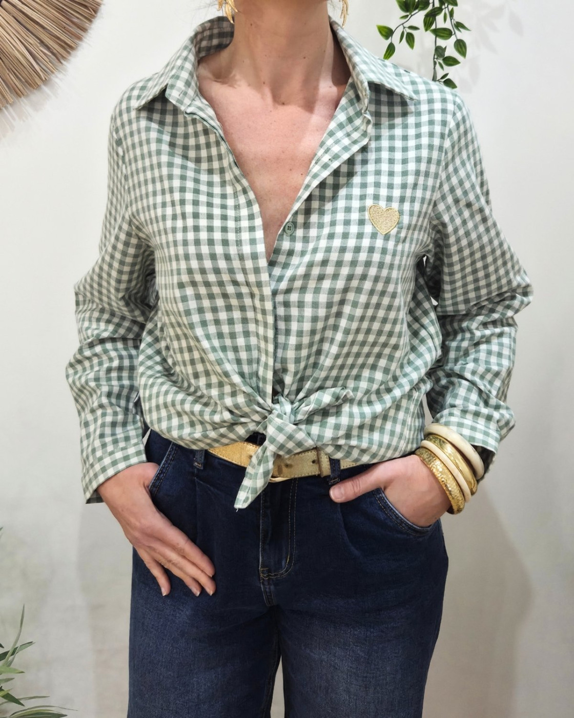 Chemisier femme à carreaux vichy vert et blanc coeur brodé doré