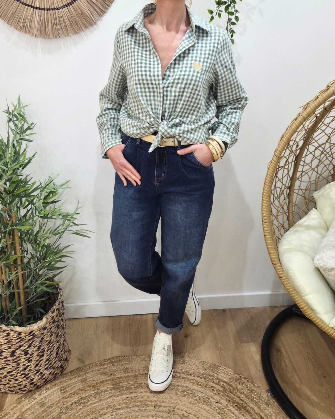 Chemisier femme à carreaux vichy vert et blanc coeur brodé doré