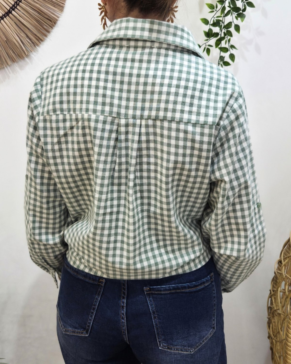Chemisier femme à carreaux vichy vert et blanc coeur brodé doré