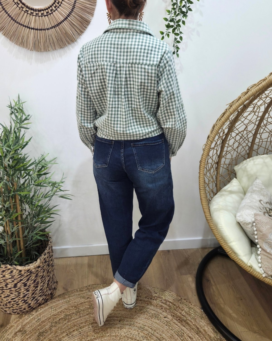 Chemisier femme à carreaux vichy vert et blanc coeur brodé doré