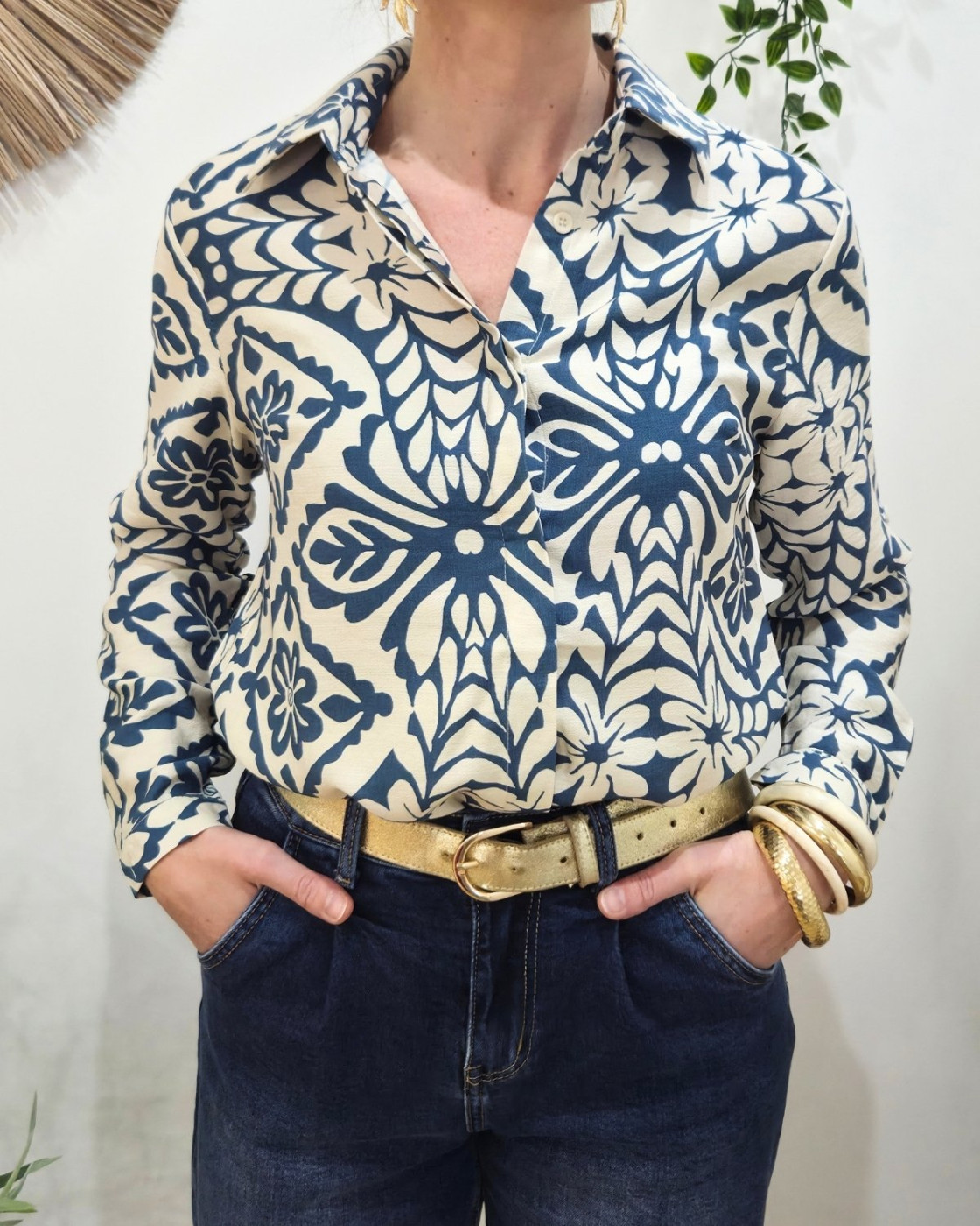 Chemisier femme beige et bleu jean Siloé