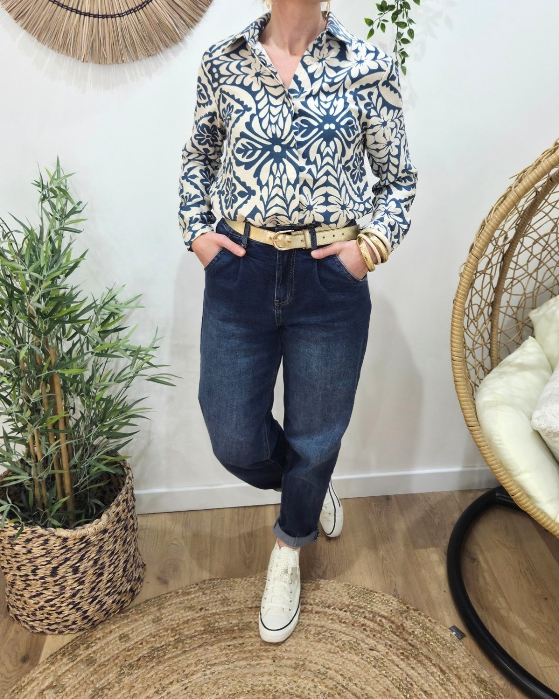 Chemisier femme beige et bleu jean Siloé