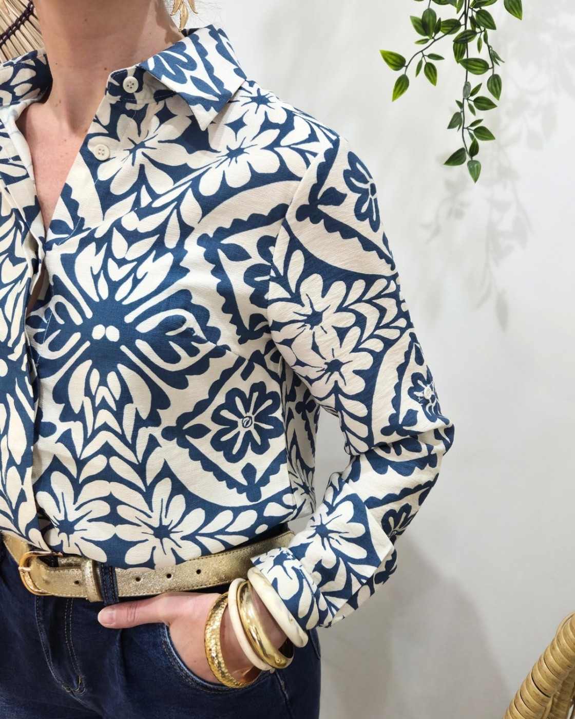 Chemisier femme beige et bleu jean Siloé