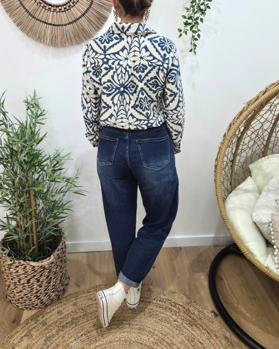 Chemisier femme beige et bleu jean Siloé