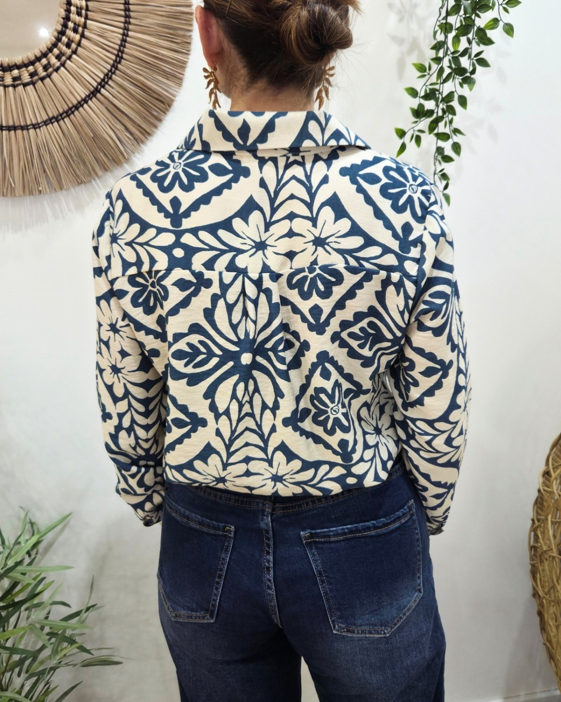 Chemisier femme beige et bleu jean Siloé
