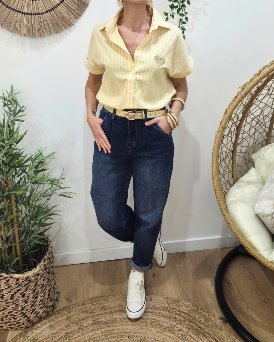 Chemisier femme rayé jaune et écru manches courtes coeur brodé doré