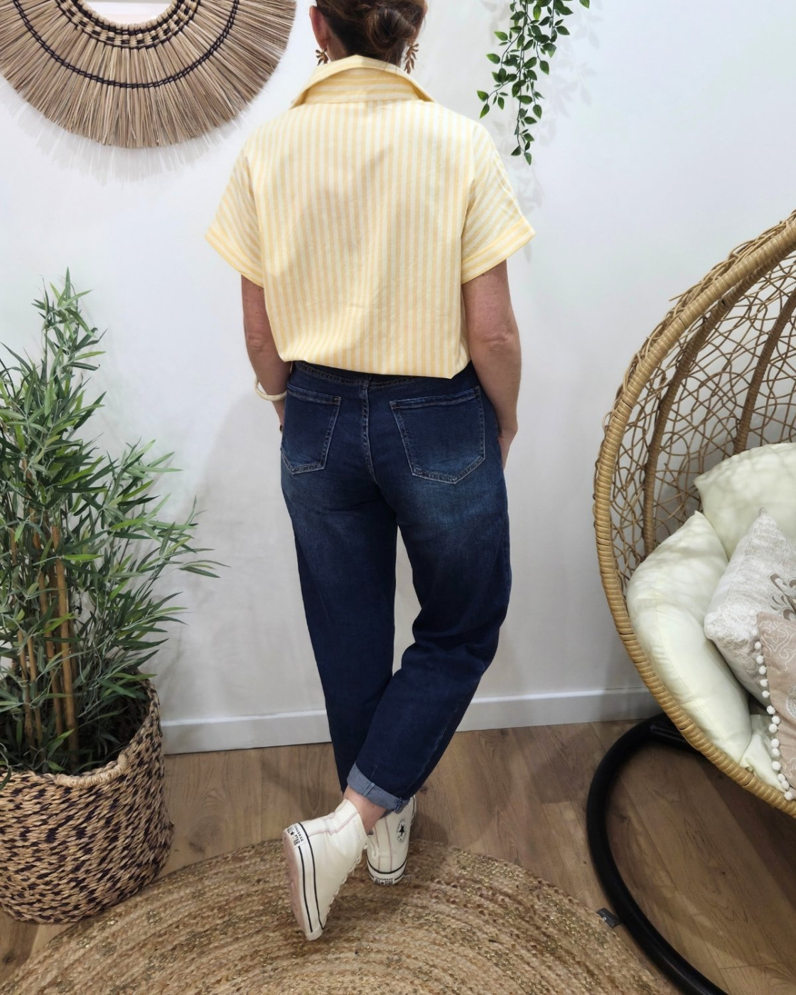 Chemisier femme rayé jaune et écru manches courtes coeur brodé doré