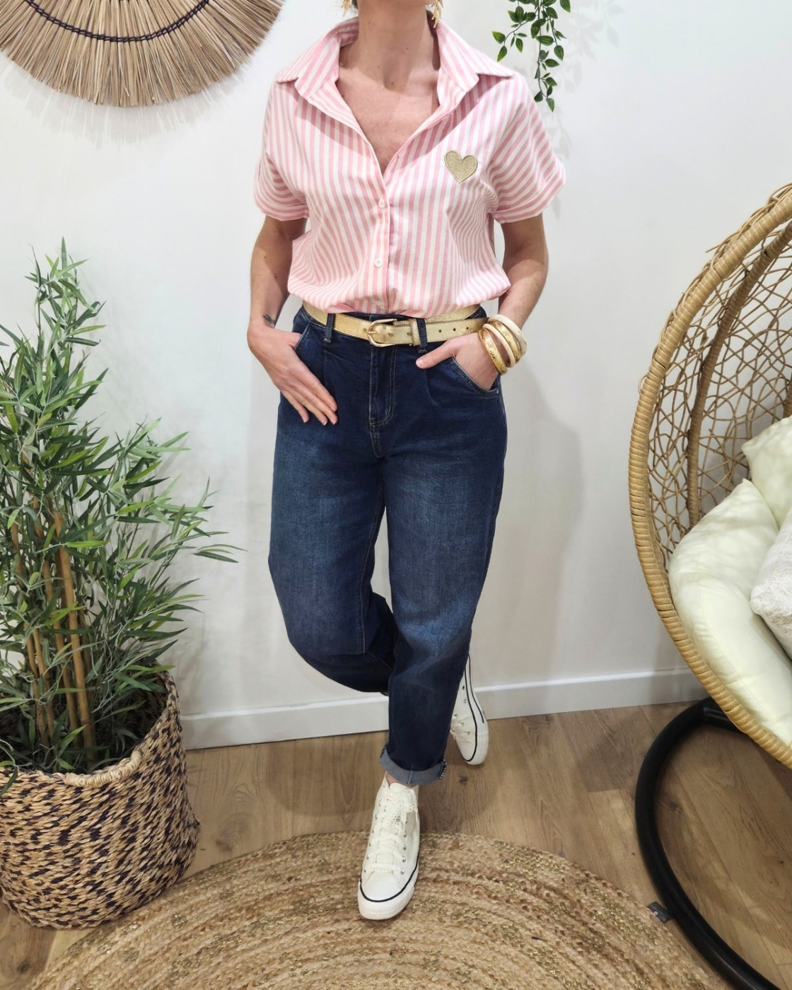 Chemisier femme rayé rose et écru manches courtes coeur brodé doré