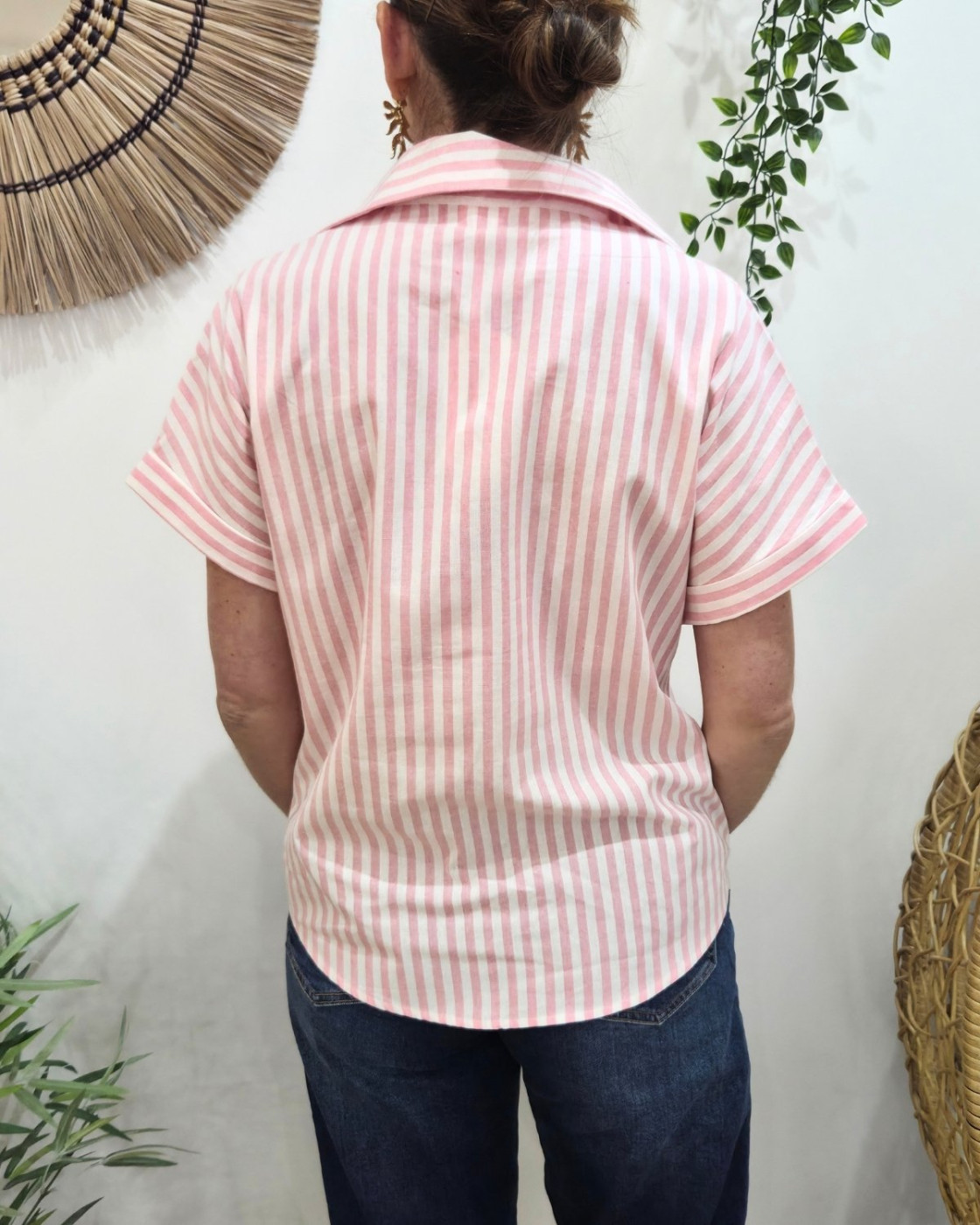 Chemisier femme rayé rose et écru manches courtes coeur brodé doré