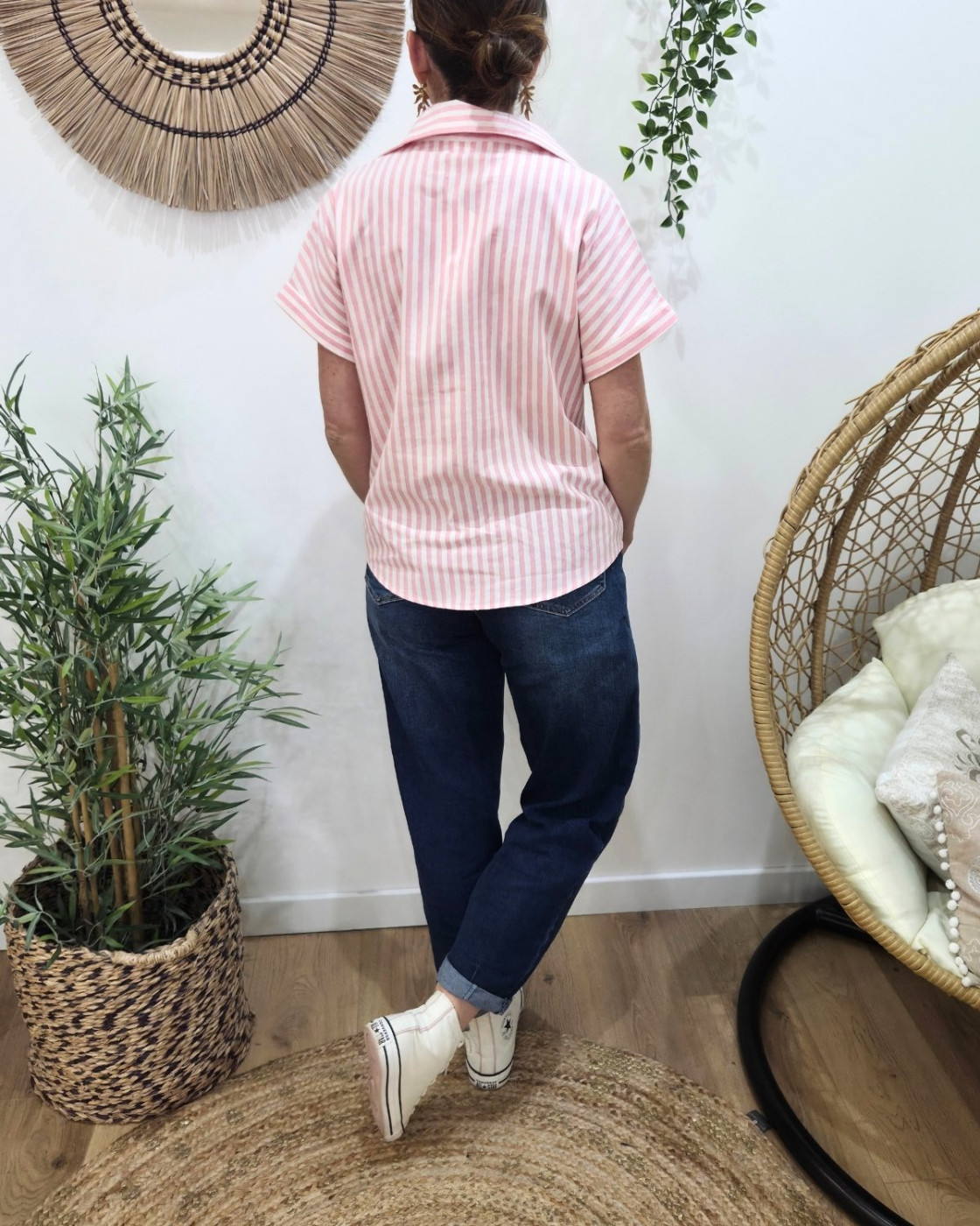 Chemisier femme rayé rose et écru manches courtes coeur brodé doré