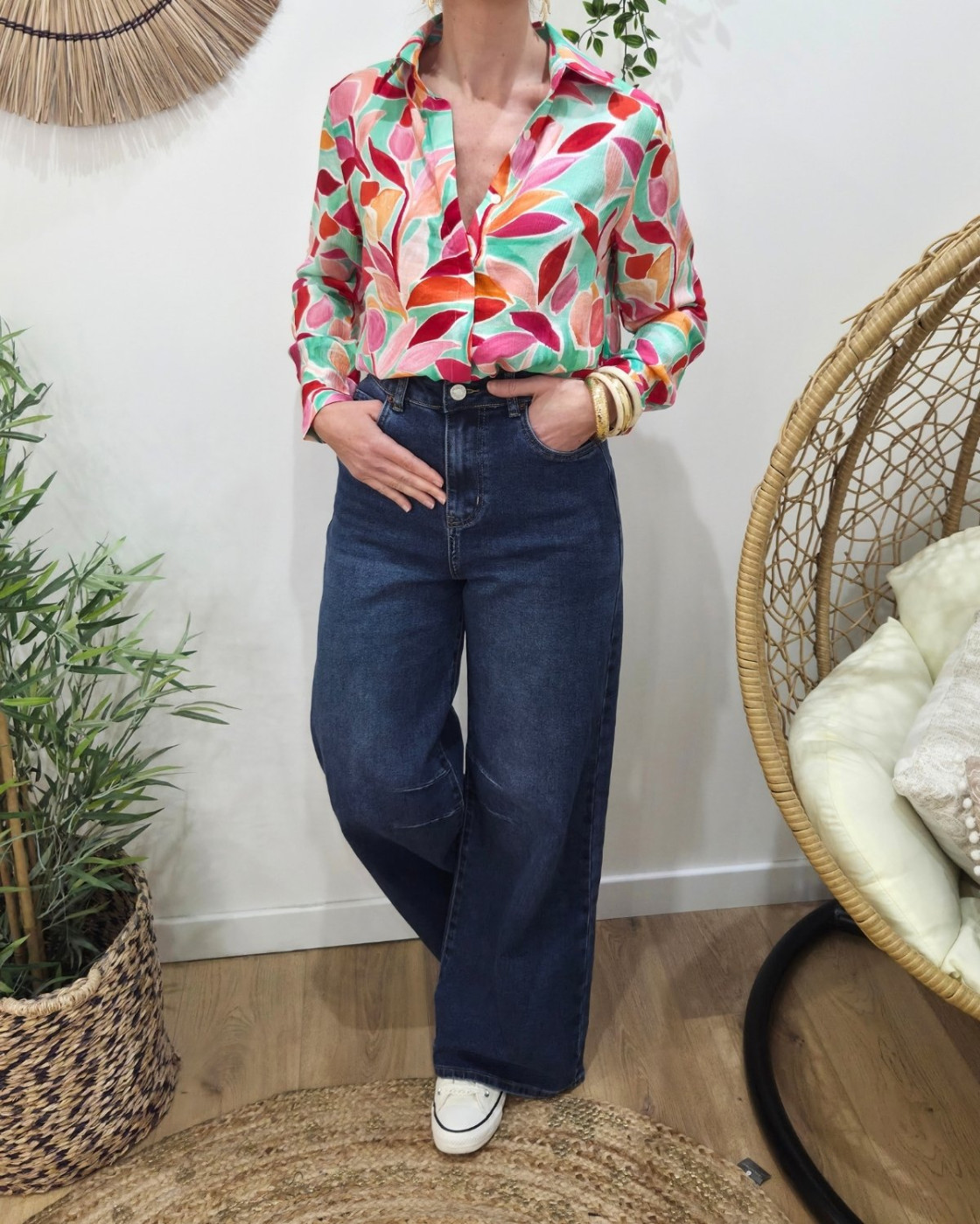 Chemisier femme vert d'eau feuillages roses orangés