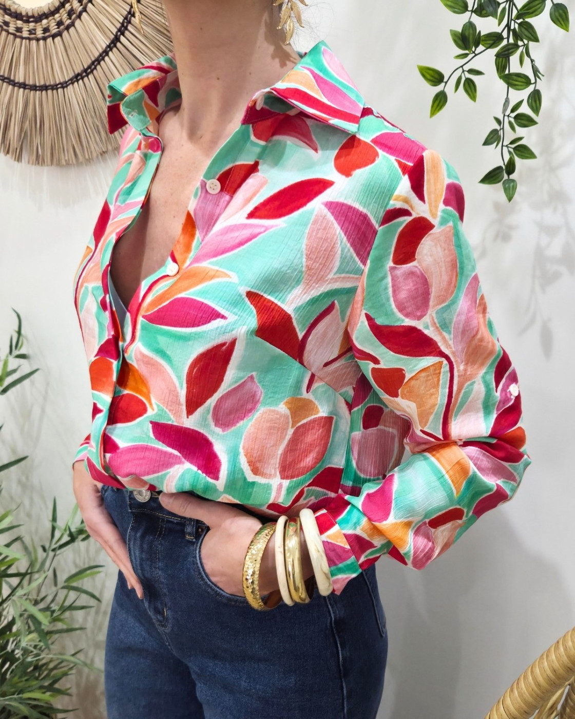 Chemisier femme vert d'eau feuillages roses orangés