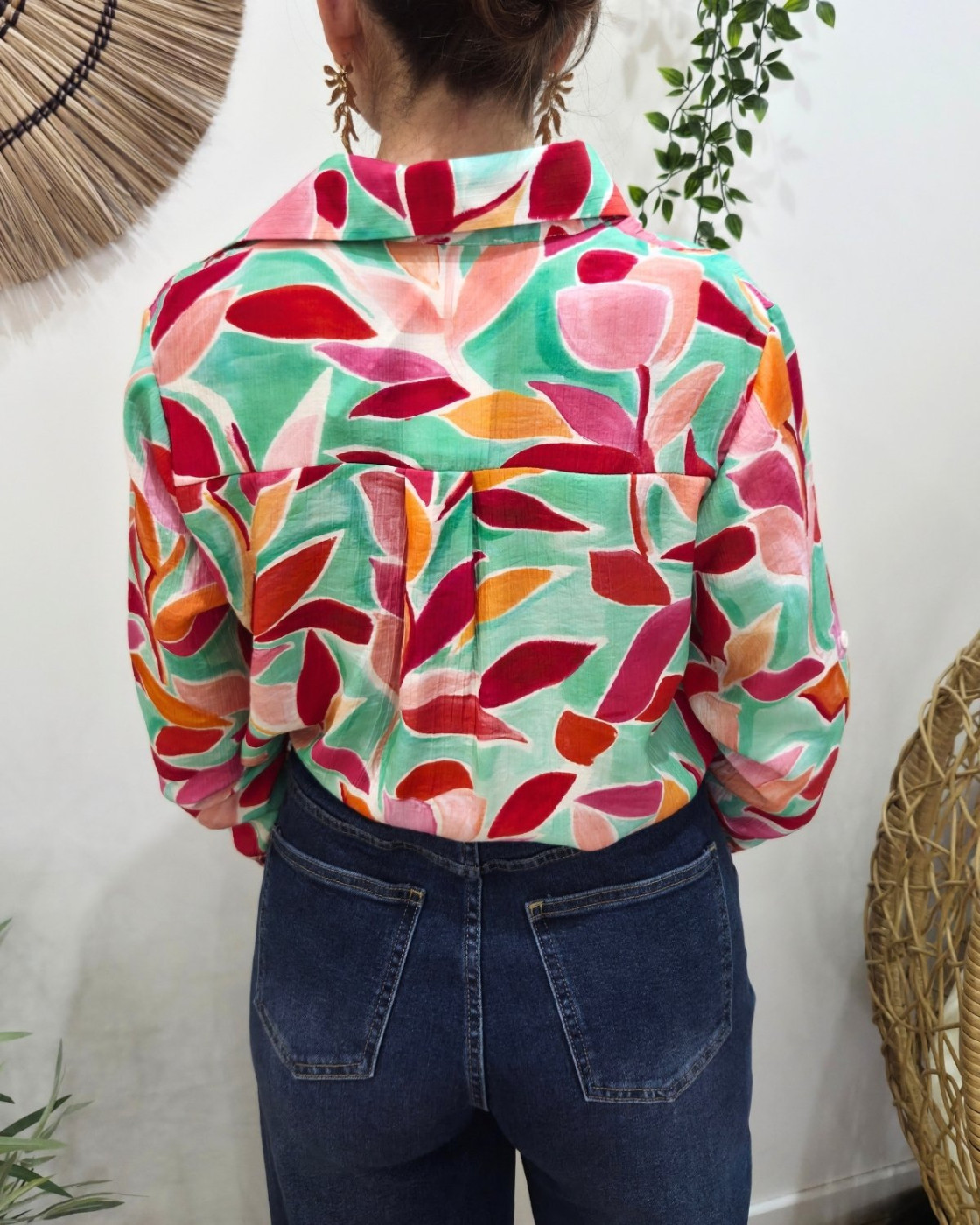 Chemisier femme vert d'eau feuillages roses orangés