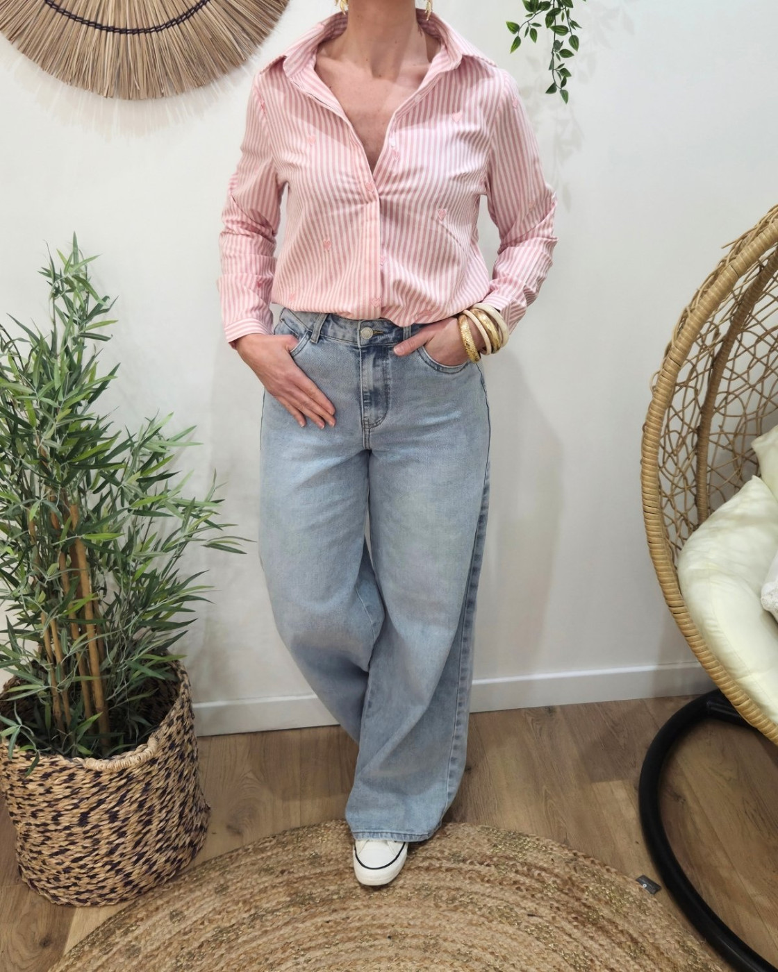 Chemisier femme rayée rose et écrue petits coeurs brodés roses