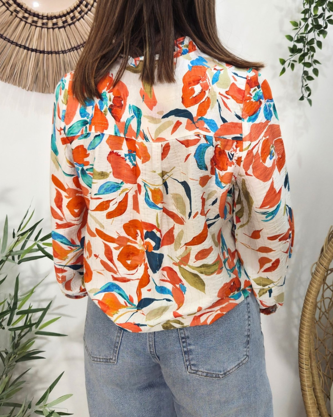 Chemisier femme écru feuilles vertes bleu et orange manches brodées Casilda