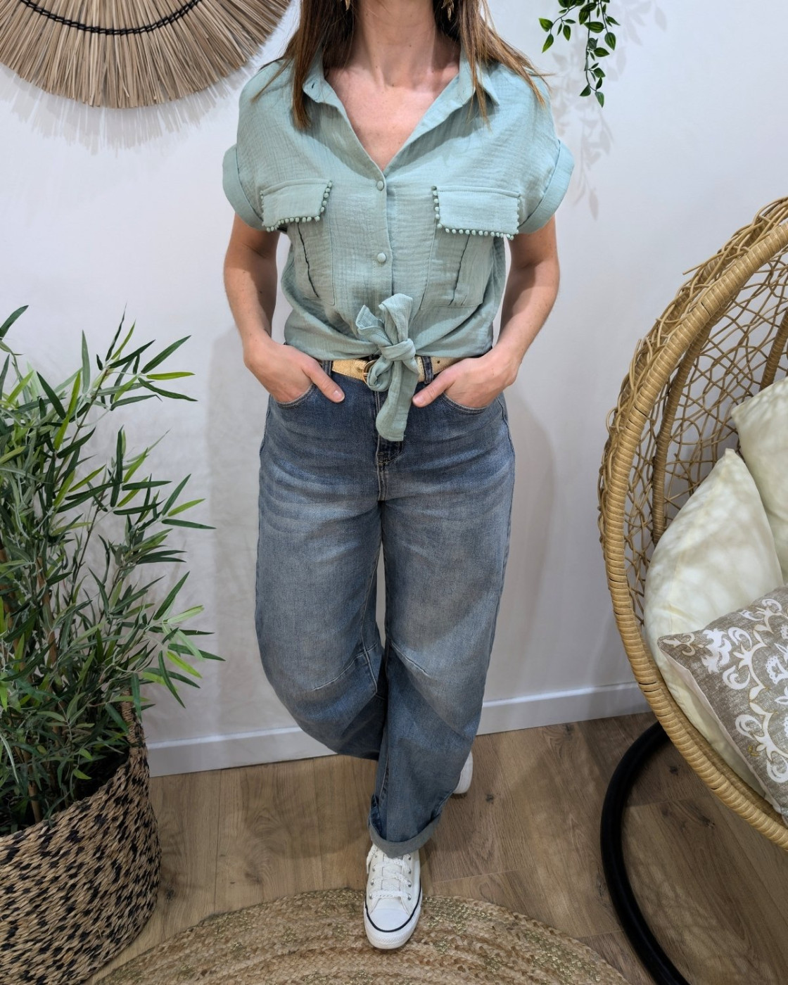 Chemisier femme vert manches courtes en gaze de coton Soren