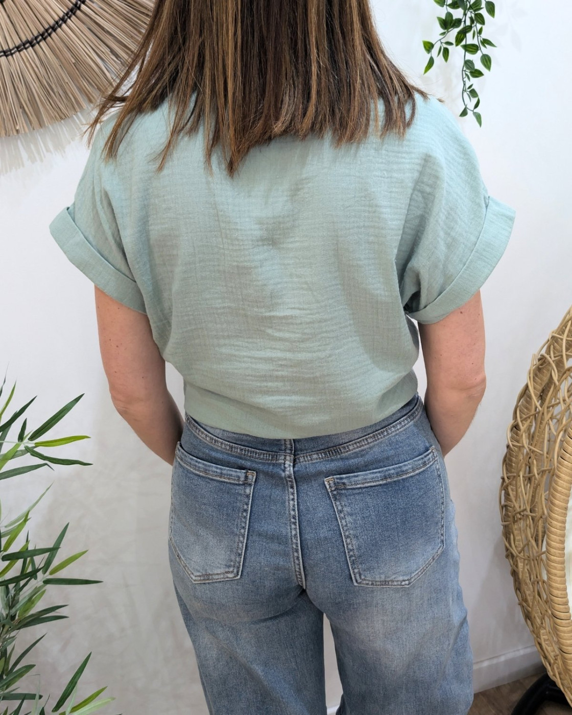 Chemisier femme vert manches courtes en gaze de coton Soren