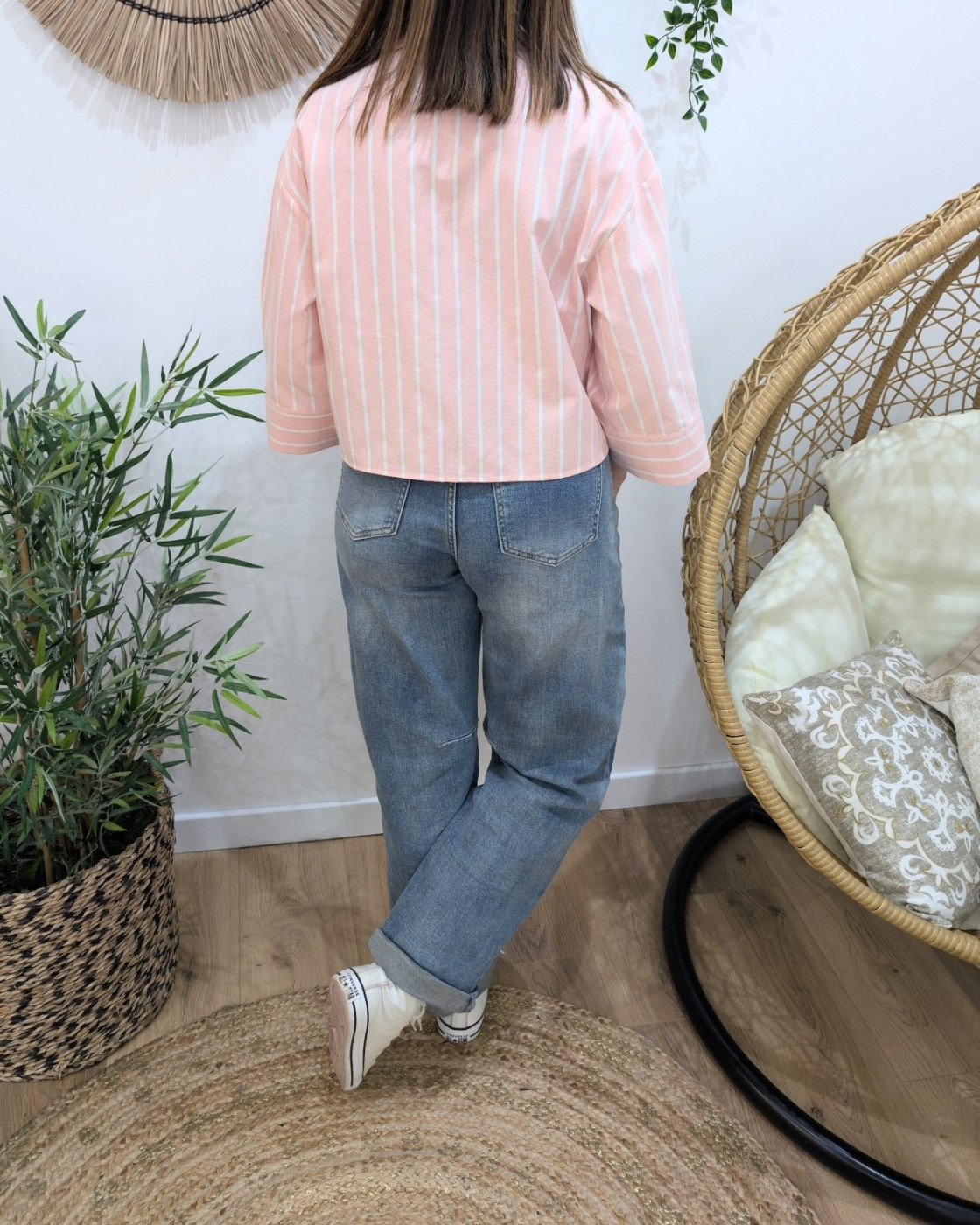 Chemisier court femme rayé rose et blanc manches 3/4