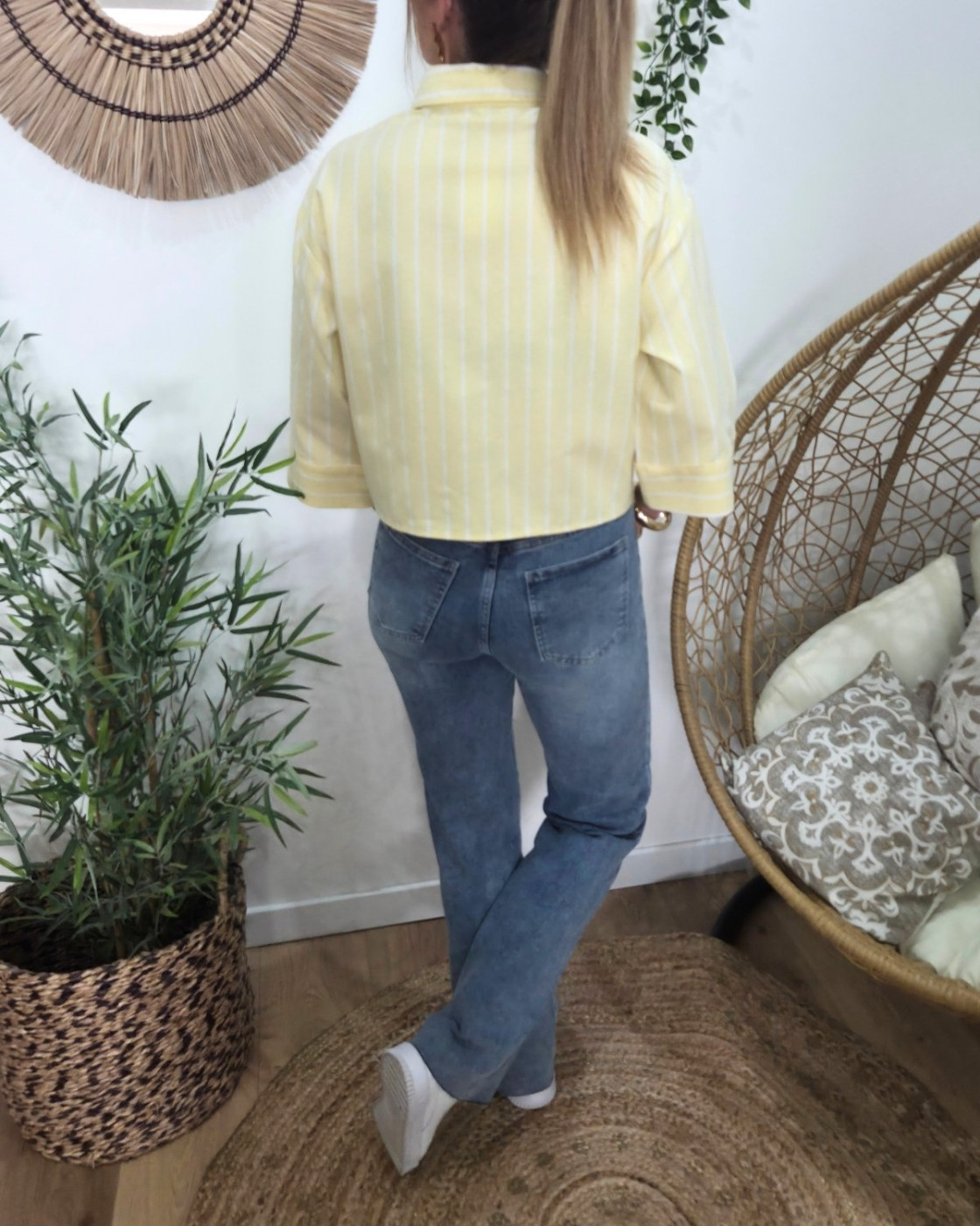 Chemisier court femme rayé jaune et blanc manches 3/4
