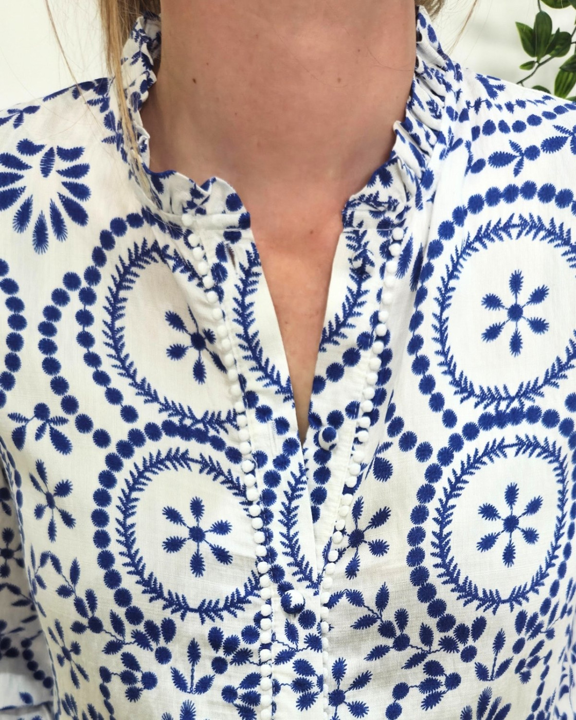 Chemisier femme manches longues blanc et bleu roi Elna