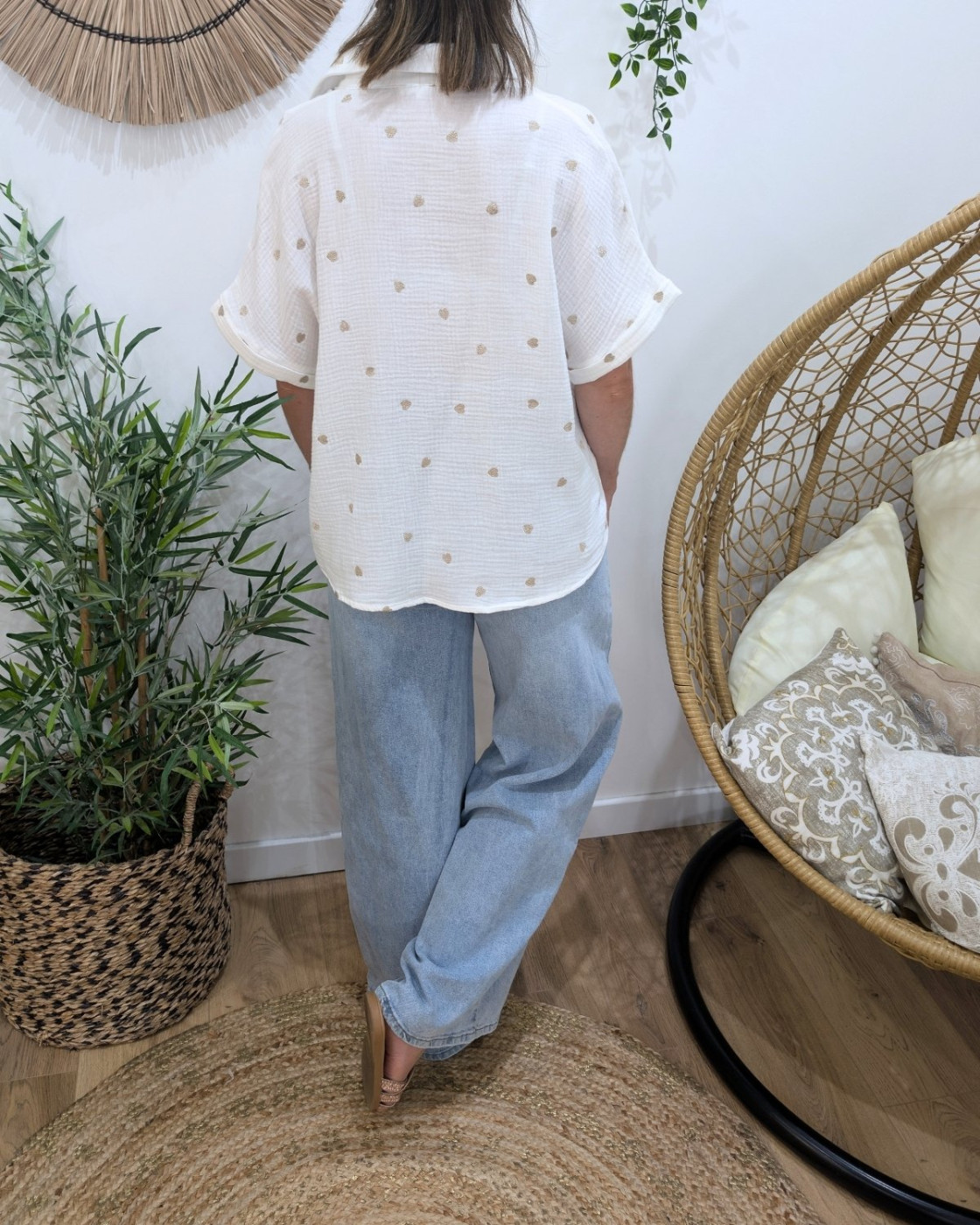 Chemisier coton gaz blanche coeurs dorés manches courtes