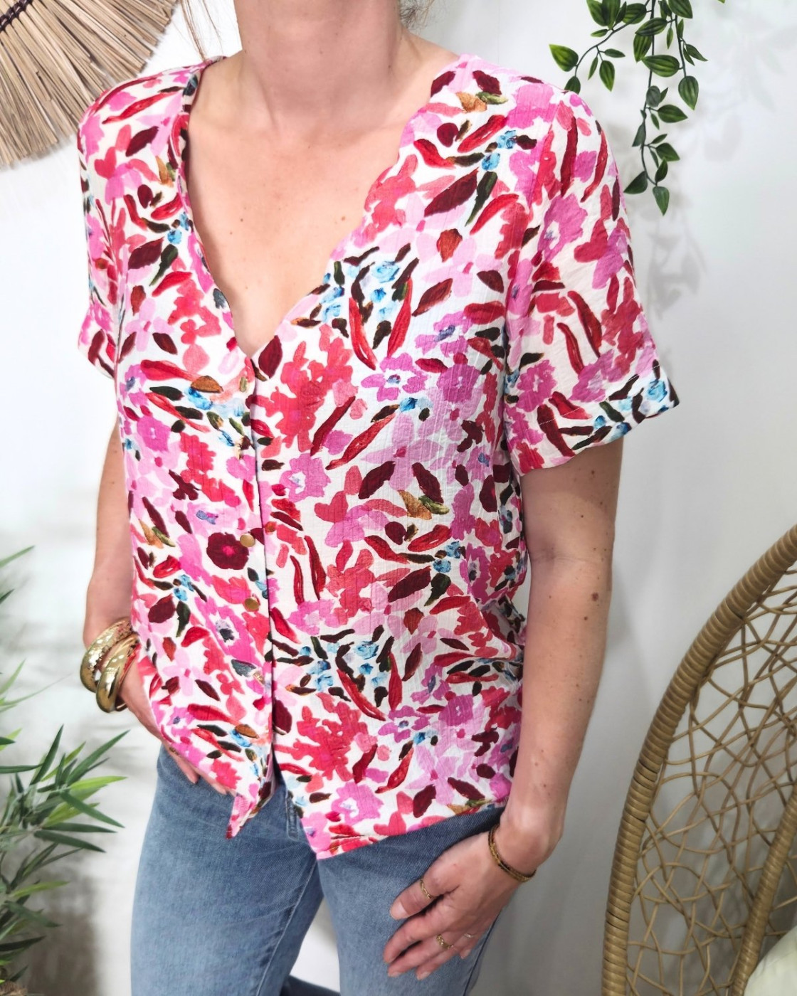 Chemisier femme manches courtes motifs roses multicolores Brizia