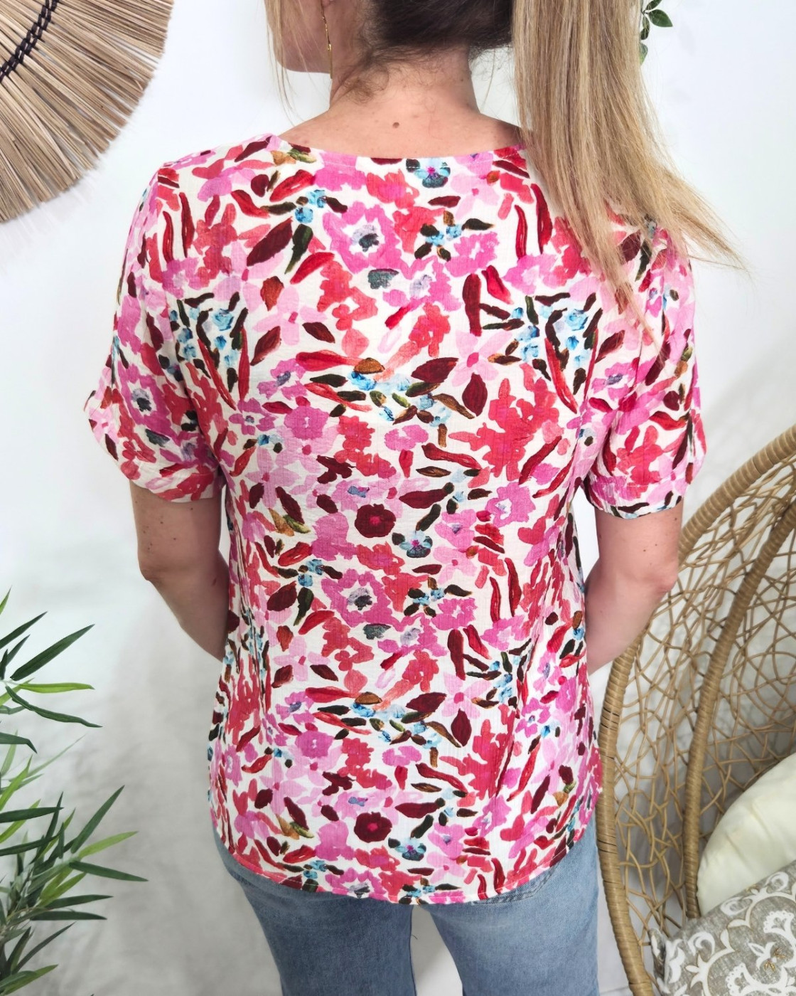 Chemisier femme manches courtes motifs roses multicolores Brizia