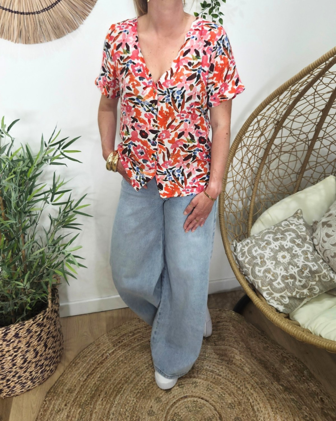Chemisier femme manches courtes motifs orangés multicolores Brizia
