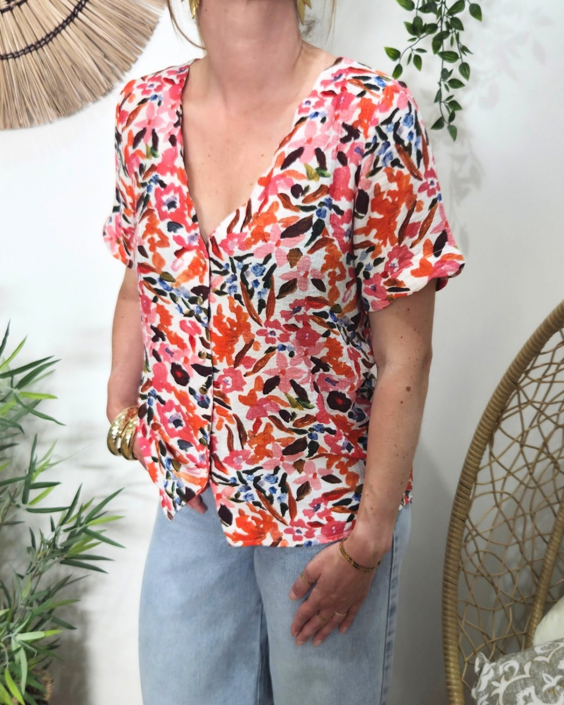 Chemisier femme manches courtes motifs orangés multicolores Brizia