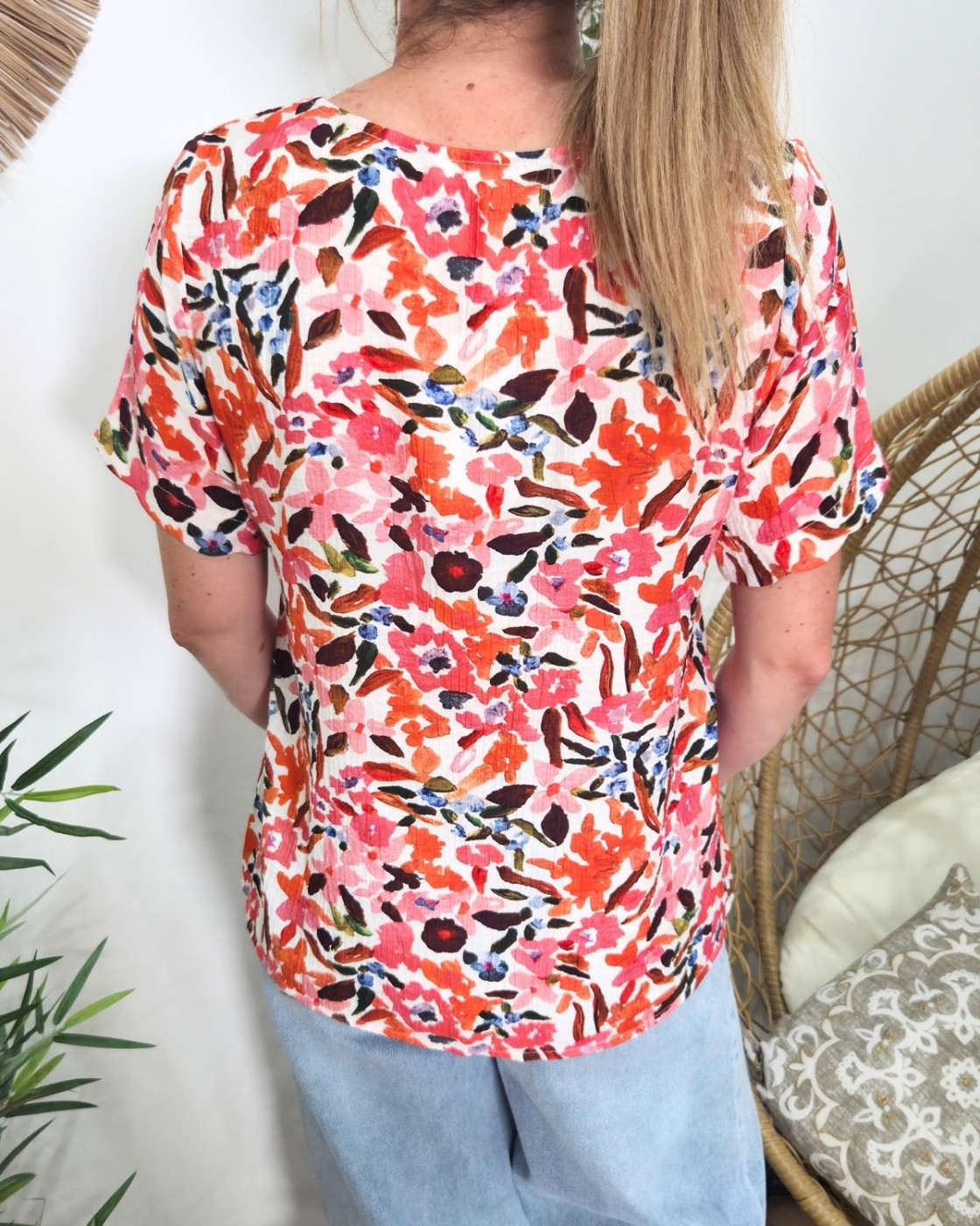 Chemisier femme manches courtes motifs orangés multicolores Brizia