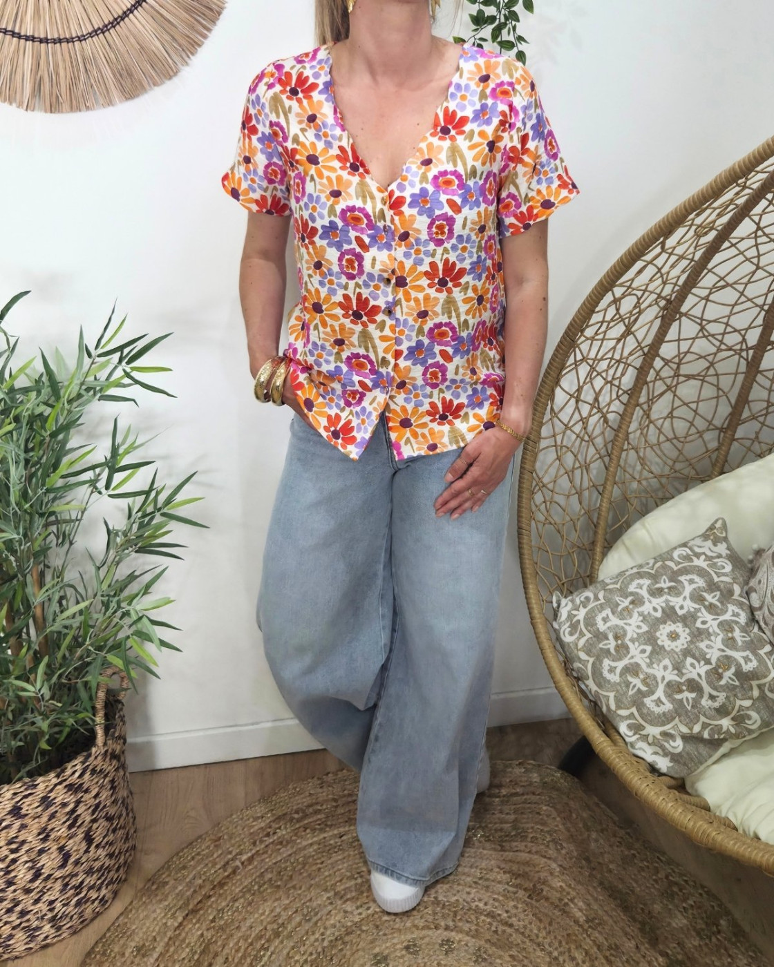 Chemisier femme manches courtes rose orange et violet Isotta