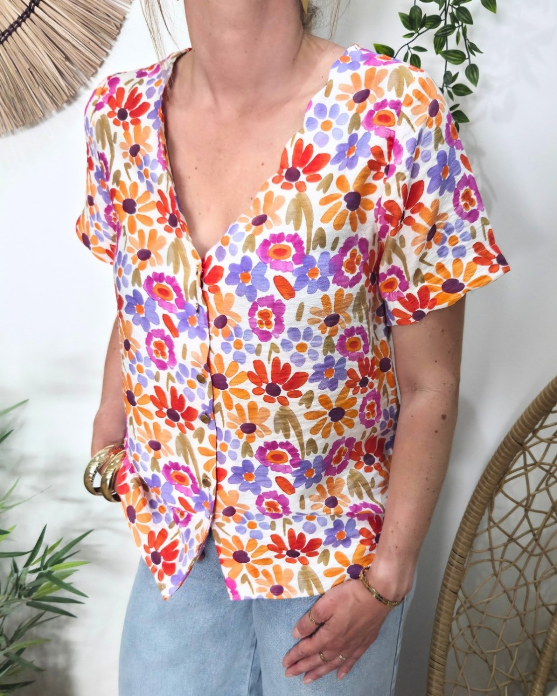 Chemisier femme manches courtes rose orange et violet Isotta