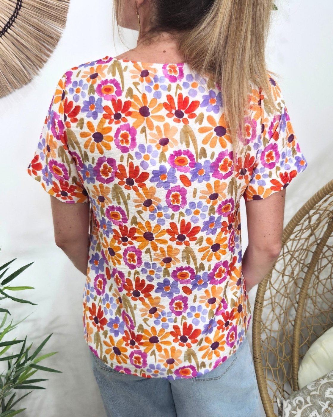 Chemisier femme manches courtes rose orange et violet Isotta
