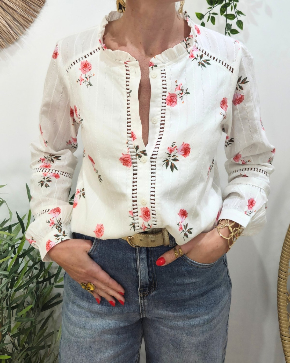 Chemisier femme blanc fleurs roses Fabiana