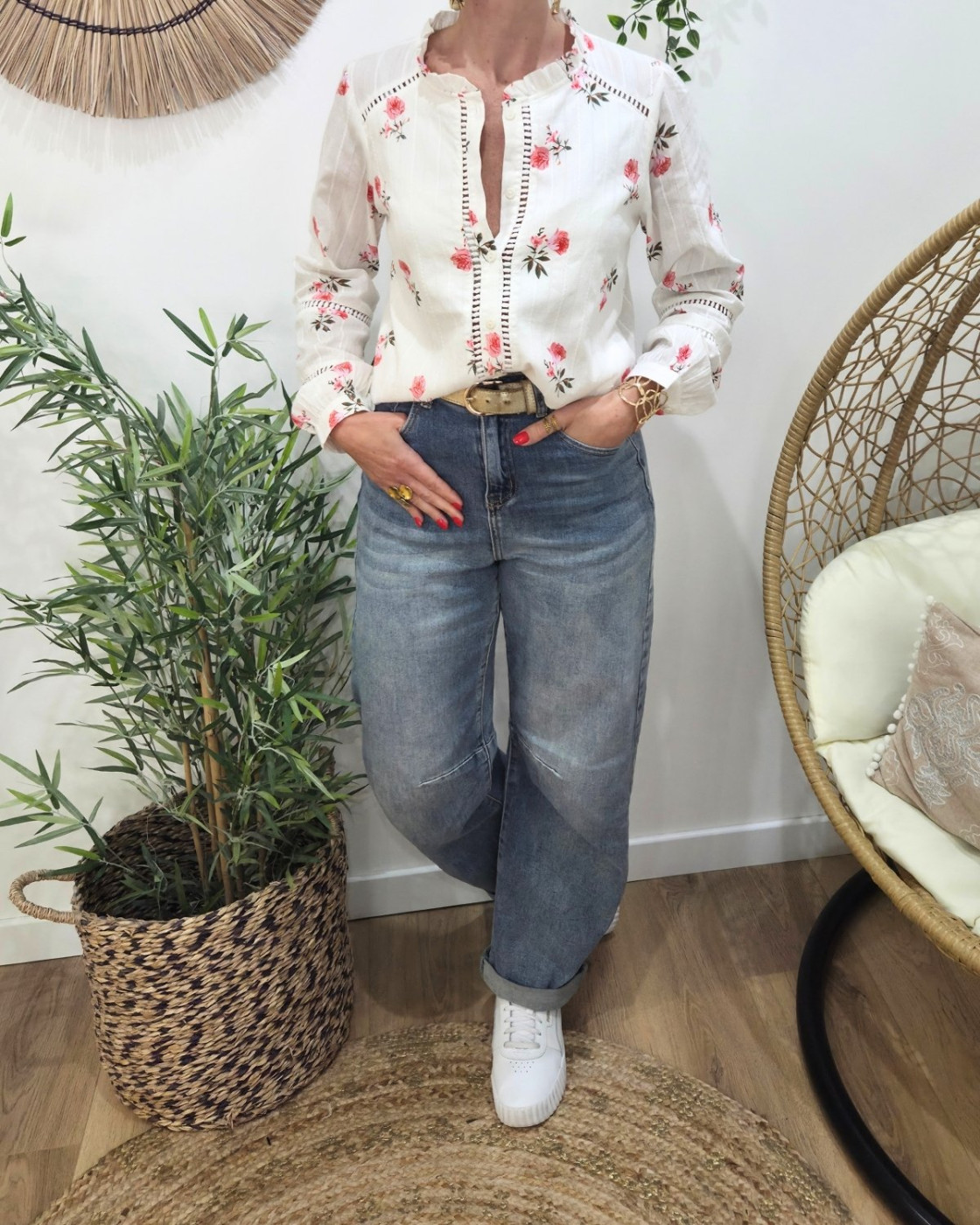 Chemisier femme blanc fleurs roses Fabiana