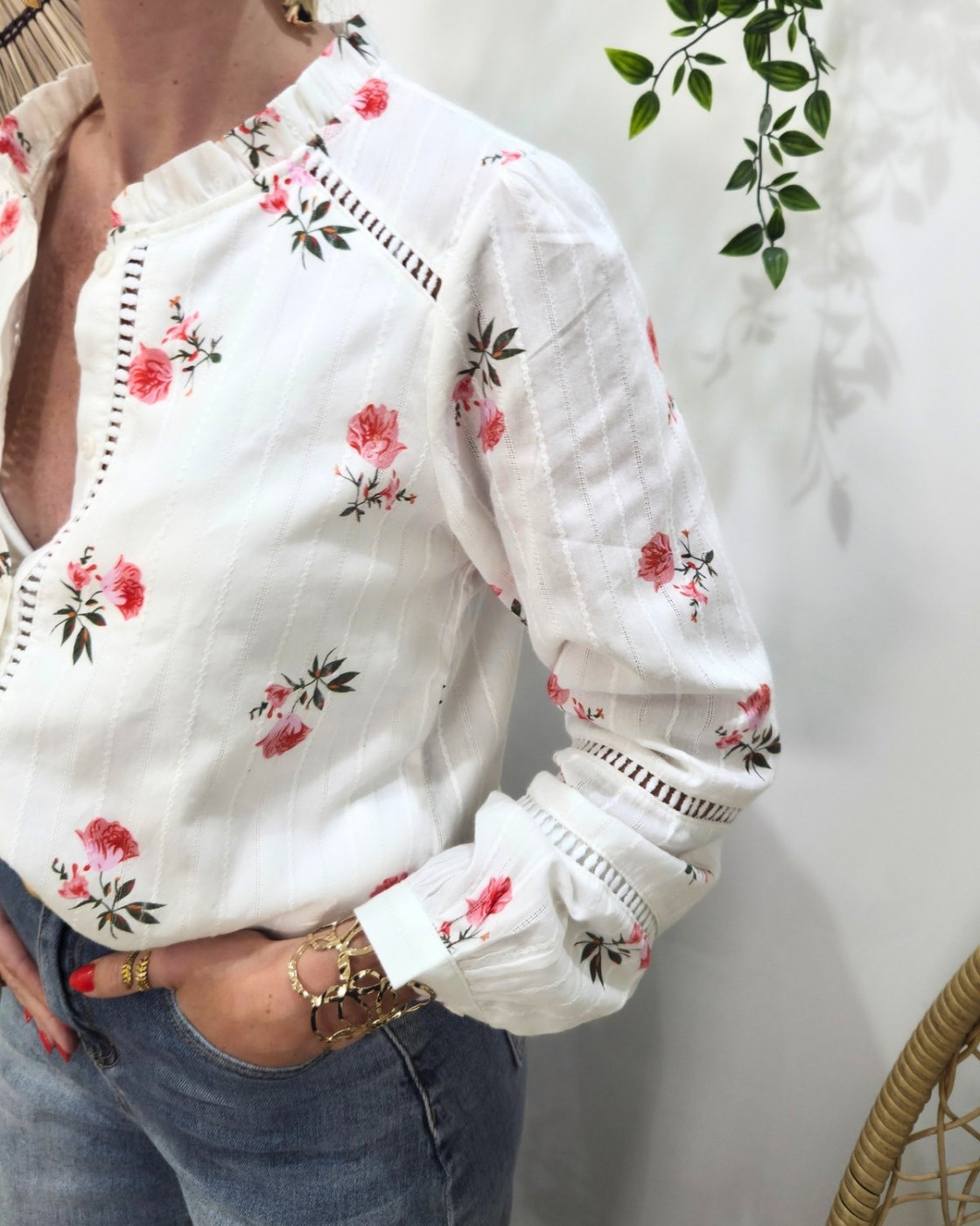 Chemisier femme blanc fleurs roses Fabiana