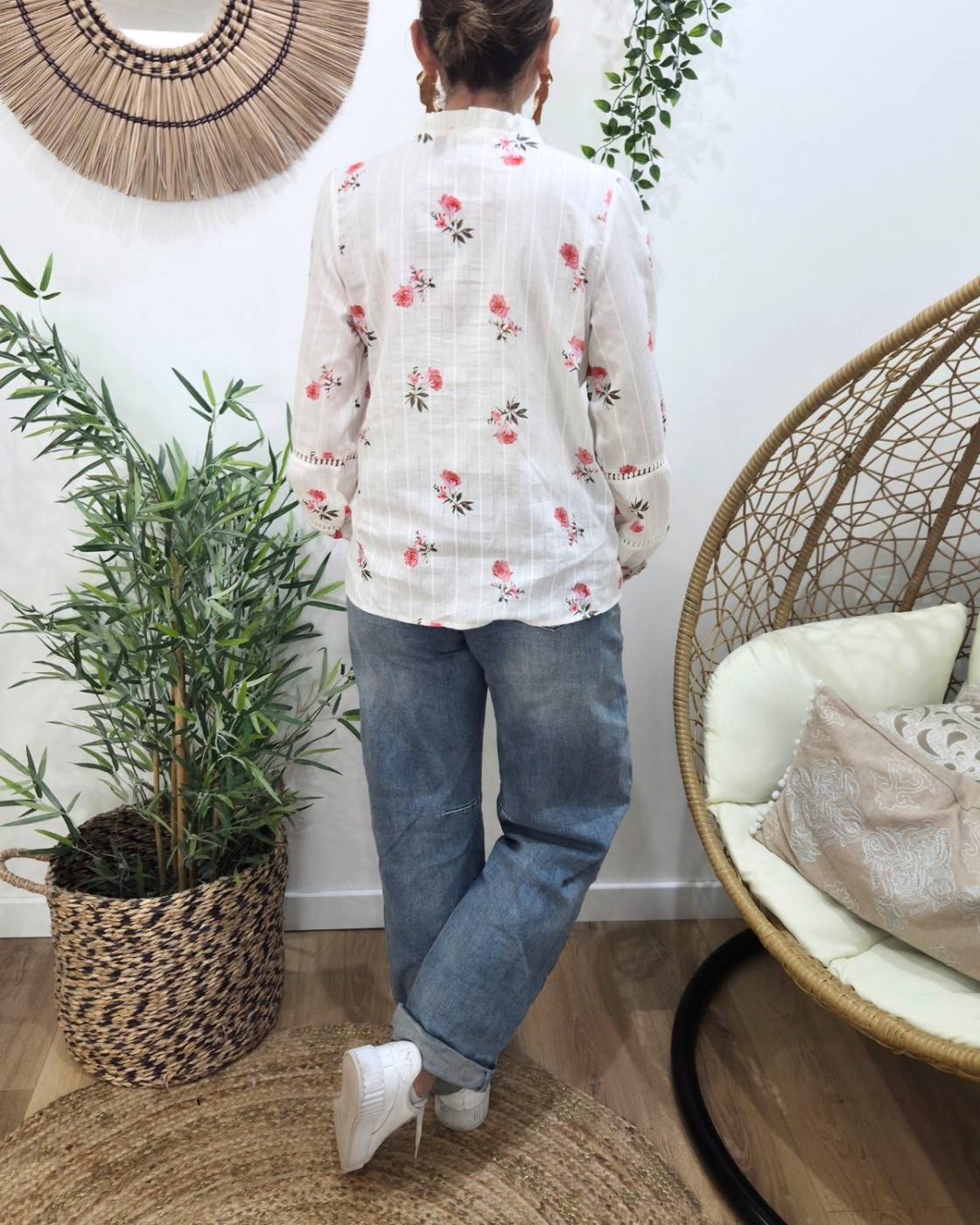 Chemisier femme blanc fleurs roses Fabiana