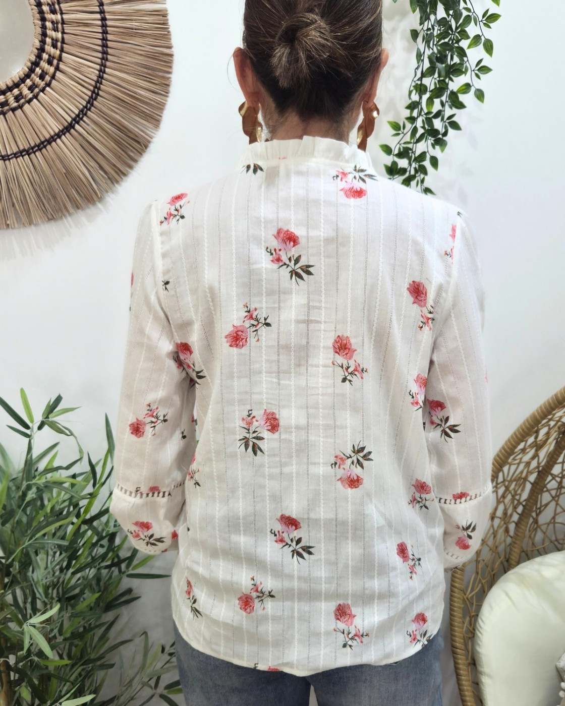 Chemisier femme blanc fleurs roses Fabiana