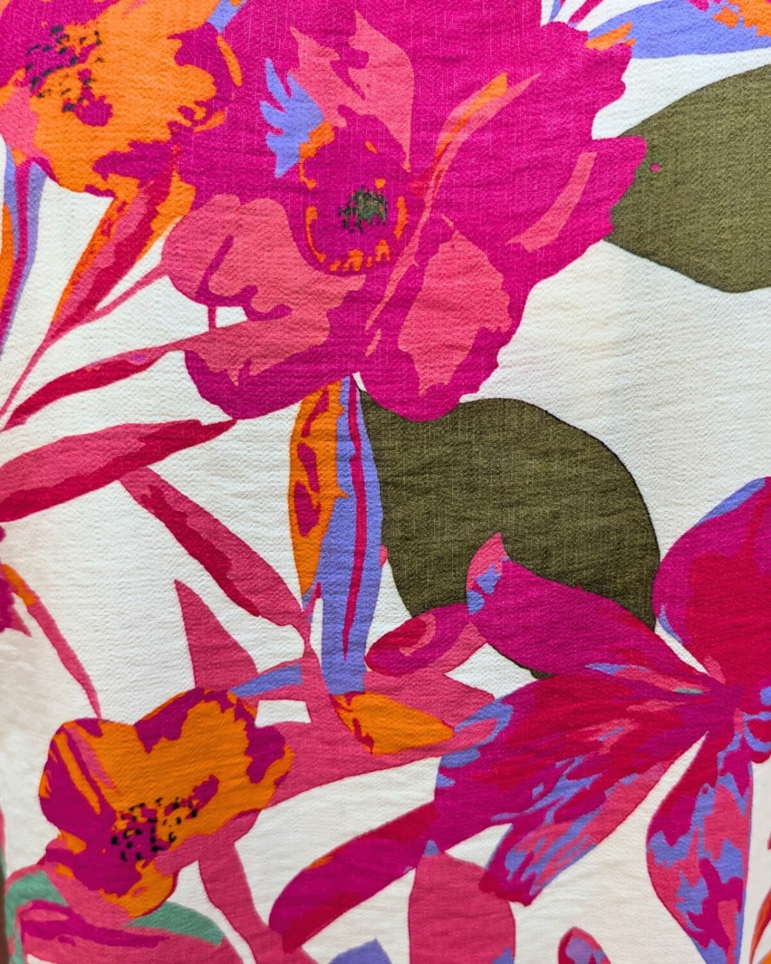 Chemisier femme manches courtes beige fleurs fuchsias oranges kaki Majkenia